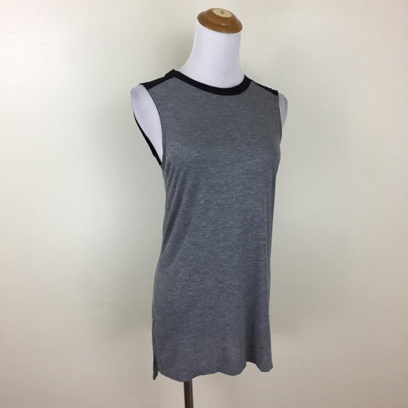 VINCE Gray Jersey Black Silk Trim Colorblock Slit Hem Sleeveless High Neck Top - Picture 4 of 15